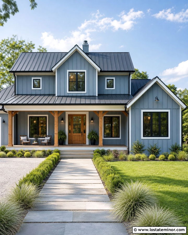 Dusty Blue Farmhouse With Straight Flagstone Walkway - 30 Dusty Blue House Design With Walkway Ideas
