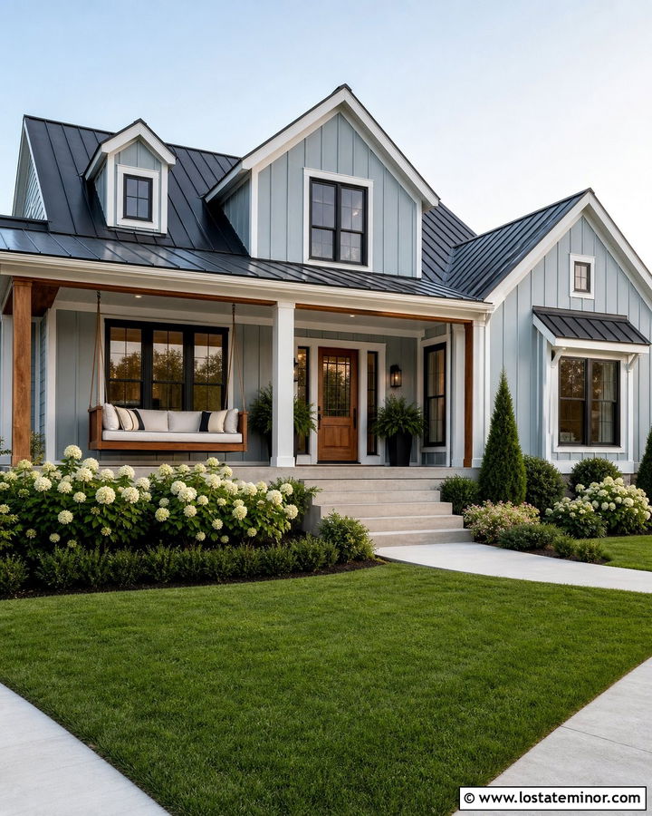 Dusty Blue Farmhouse With Swing Daybed - 30 Dusty Blue House Design With Daybed Ideas