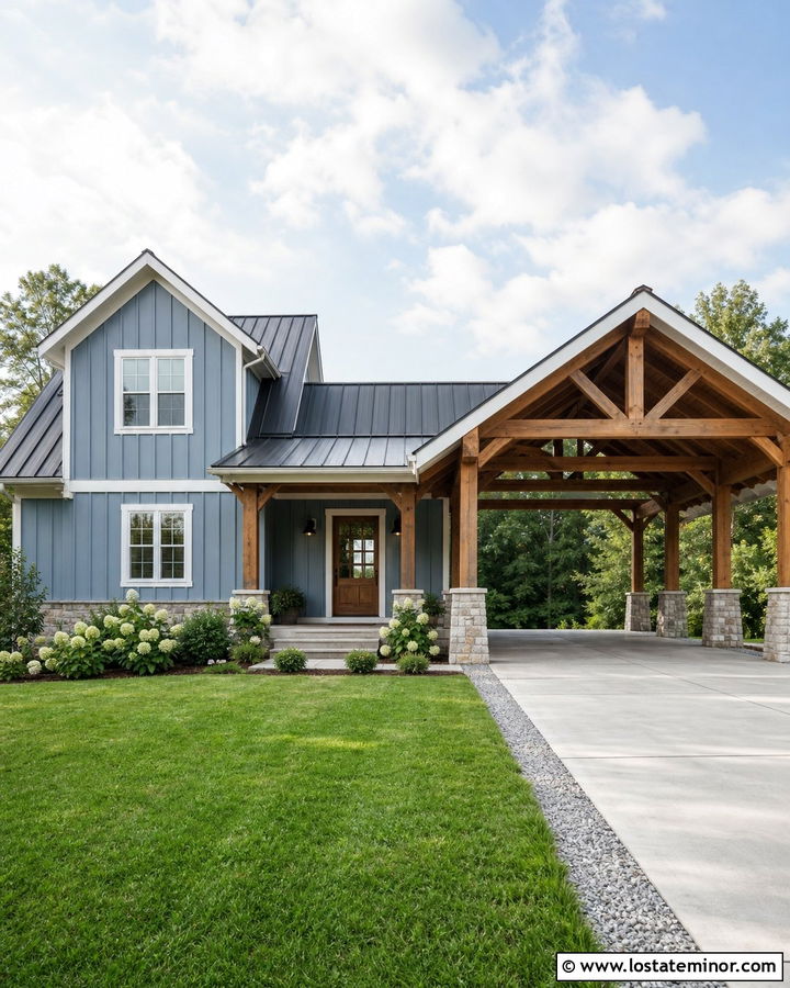 Dusty Blue Farmhouse With Timber Frame Carport - 30 Dusty Blue House Design With Carport Ideas