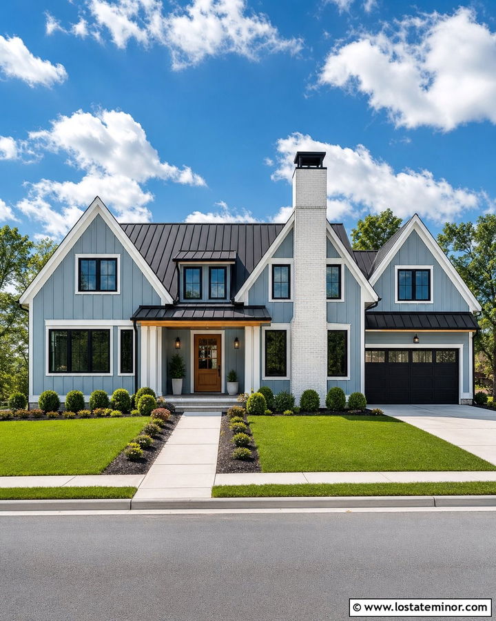 Dusty Blue Farmhouse With White Brick Chimney - 30 Dusty Blue House Design With Chimney Ideas