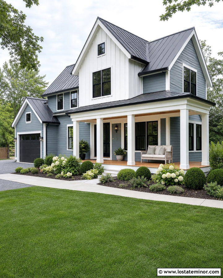 Dusty Blue Farmhouse With White Porch Daybed - 30 Dusty Blue House Design With Daybed Ideas