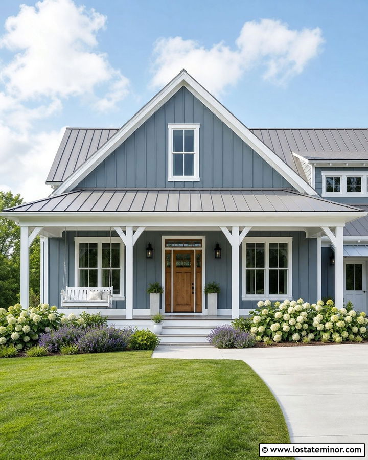 Dusty Blue Farmhouse With White Porch Swing - 30 Dusty Blue House Design With Swing Ideas