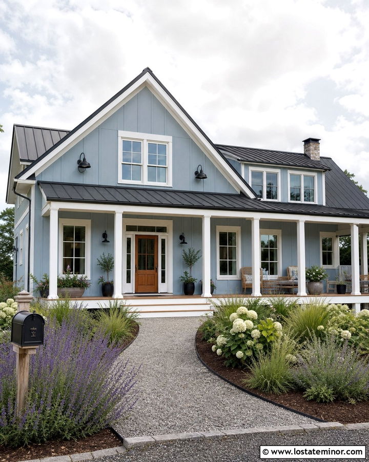 Dusty Blue Farmhouse With White Storm Door - 30 Dusty Blue House Design With Storm Door Ideas