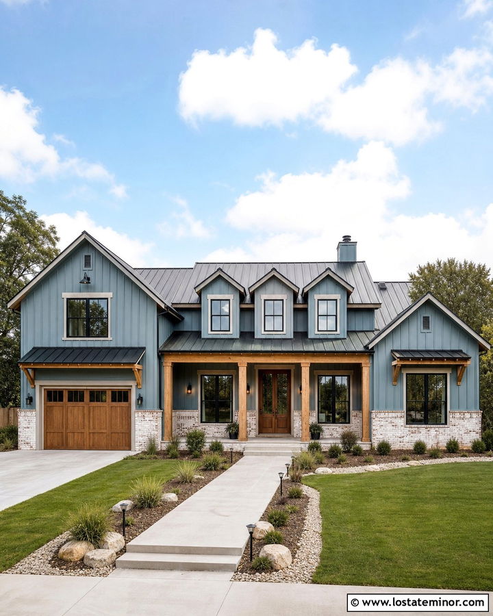 Dusty Blue Farmhouse With Whitewashed Brick Wainscoting - 30 Dusty Blue House Design With Wainscoting Ideas