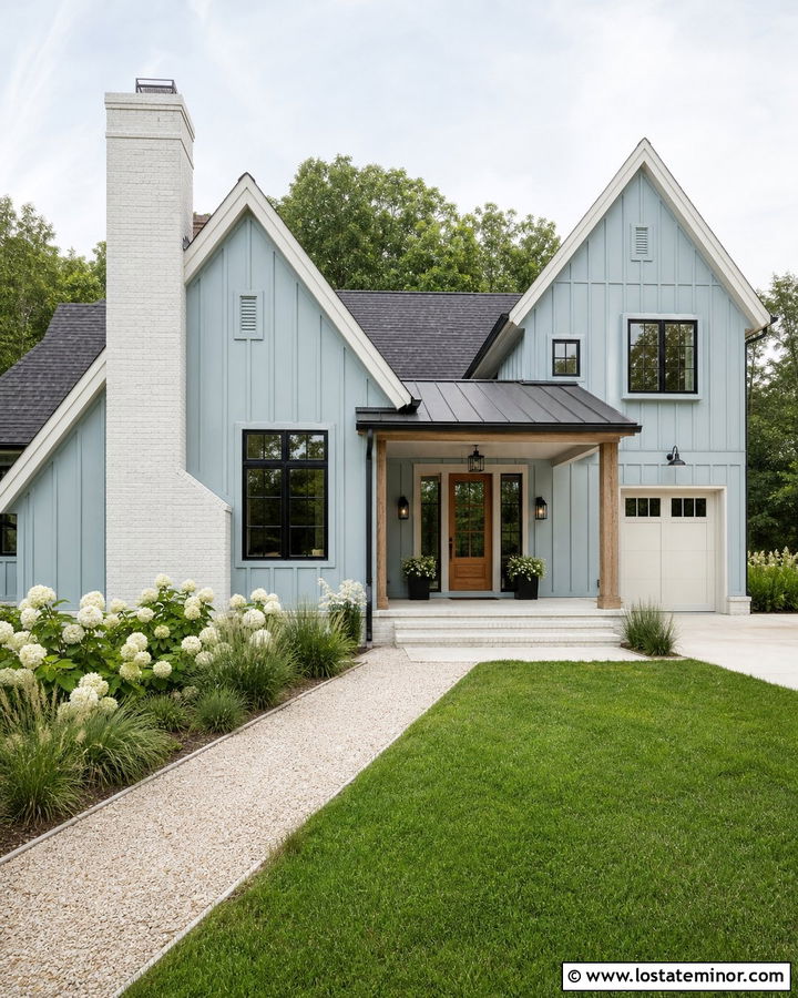 Dusty Blue Farmhouse With Whitewashed Brick - 30 Dusty Blue House Design With Brick Accents Ideas