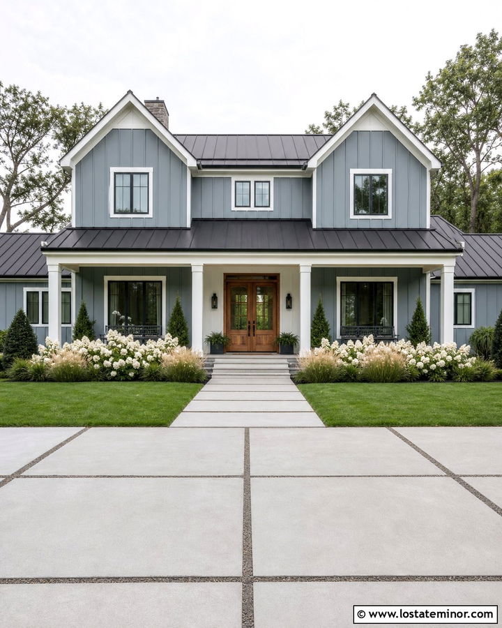Dusty Blue Farmhouse With Wide Concrete Driveway - 30 Dusty Blue House Design With Driveway Ideas