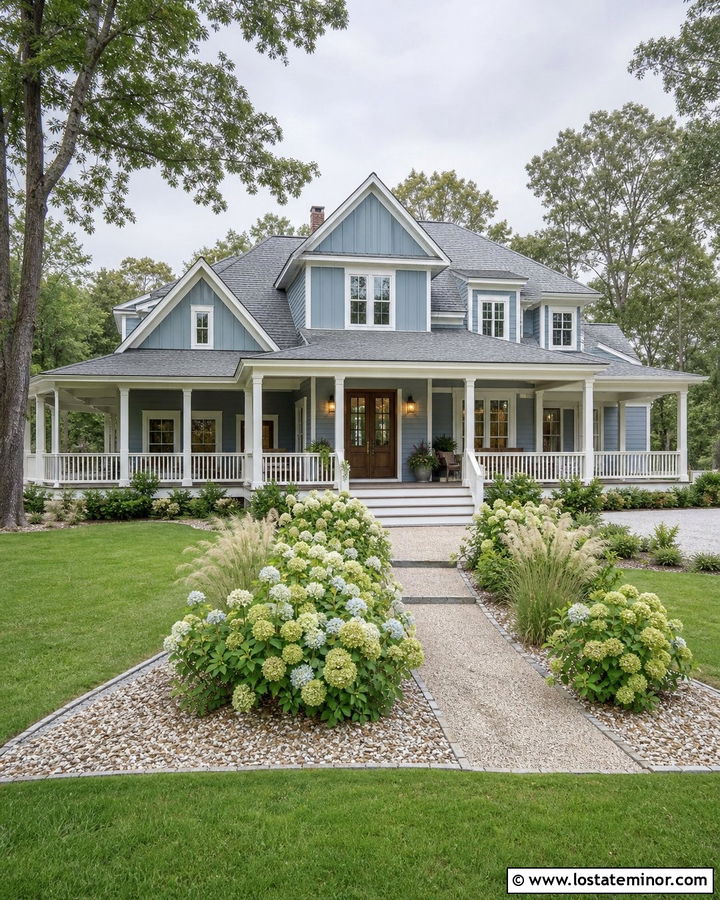 Dusty Blue Farmhouse With Wraparound Porch Gables - 30 Dusty Blue House Design With Gables Ideas