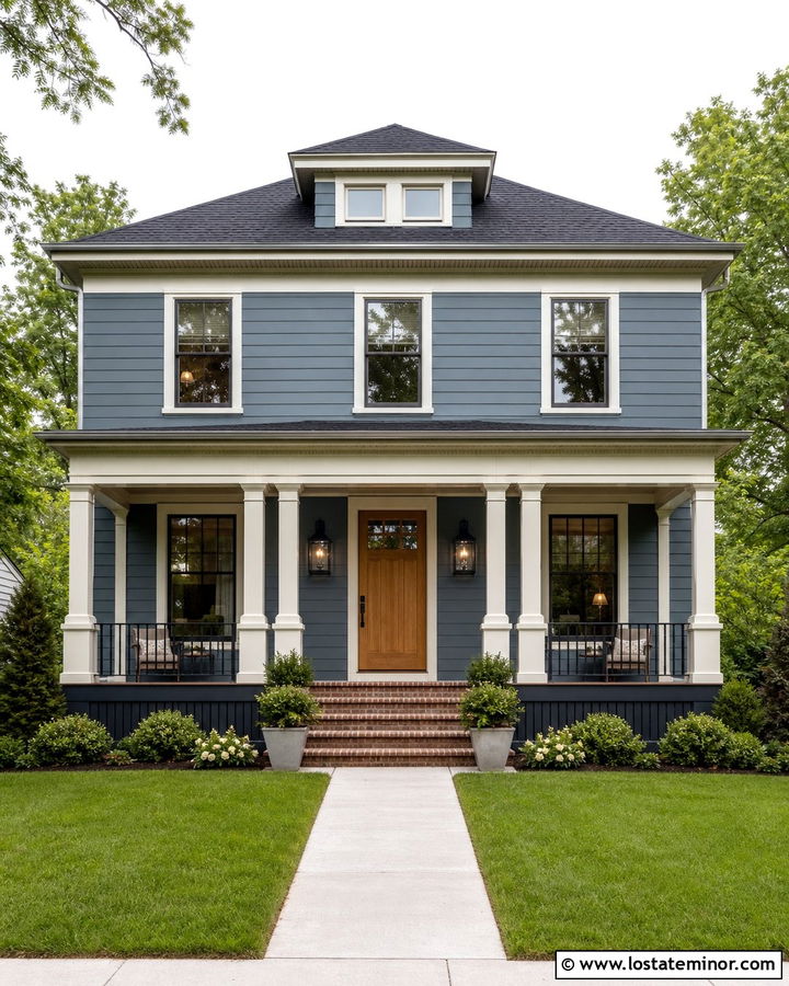 Dusty Blue Four Square With Seeded Glass Lanterns - 30 Dusty Blue House Design With Light Fixtures Ideas