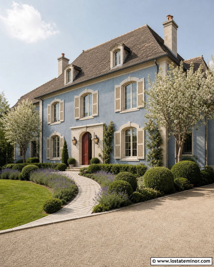 Dusty Blue French Country House With Cream Shutters - 30 Dusty Blue House Design With Shutters Ideas