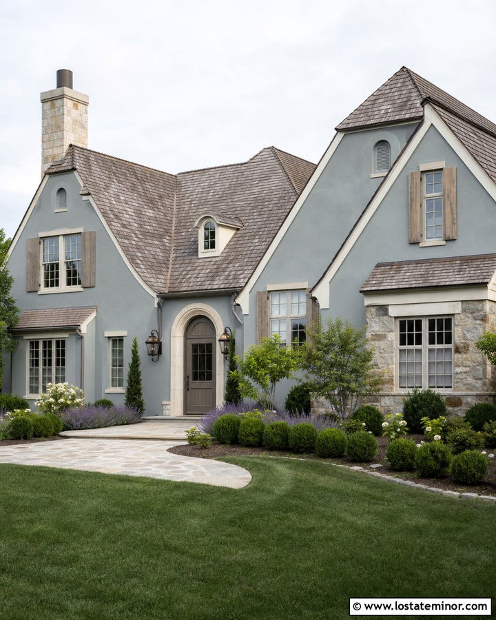 Dusty Blue French Country House With Gray Door - 30 Dusty Blue House Design With Entry Door Ideas