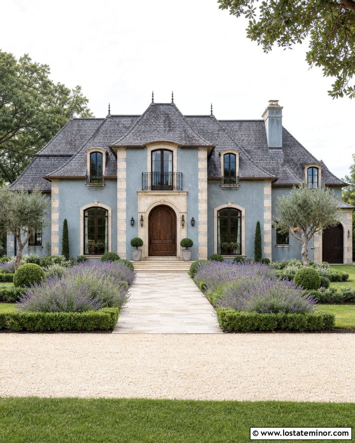 Dusty Blue French Country House With Limestone - 30 Dusty Blue House Design With Stone Accents Ideas