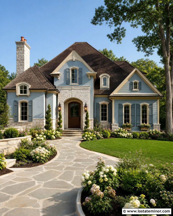 Dusty Blue French Country House With Limestone Wainscoting - 30 Dusty Blue House Design With Wainscoting Ideas
