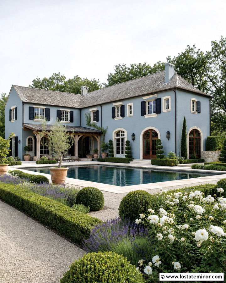 Dusty Blue French Country House With Pool Courtyard - 30 Dusty Blue House Design With Swimming Pool Ideas