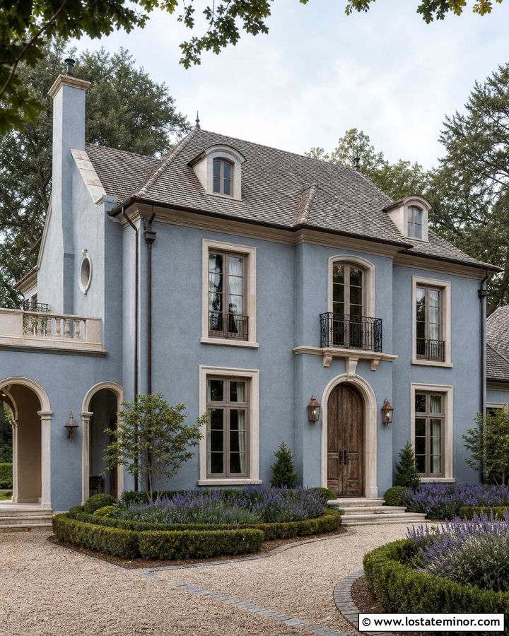 Dusty Blue French Country House With Taupe Window Frames - 30 Dusty Blue House Design With Window Frames Ideas