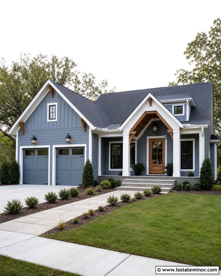 Dusty Blue Garage House With A Gabled Entry - 30 Dusty Blue House Design With Gables Ideas