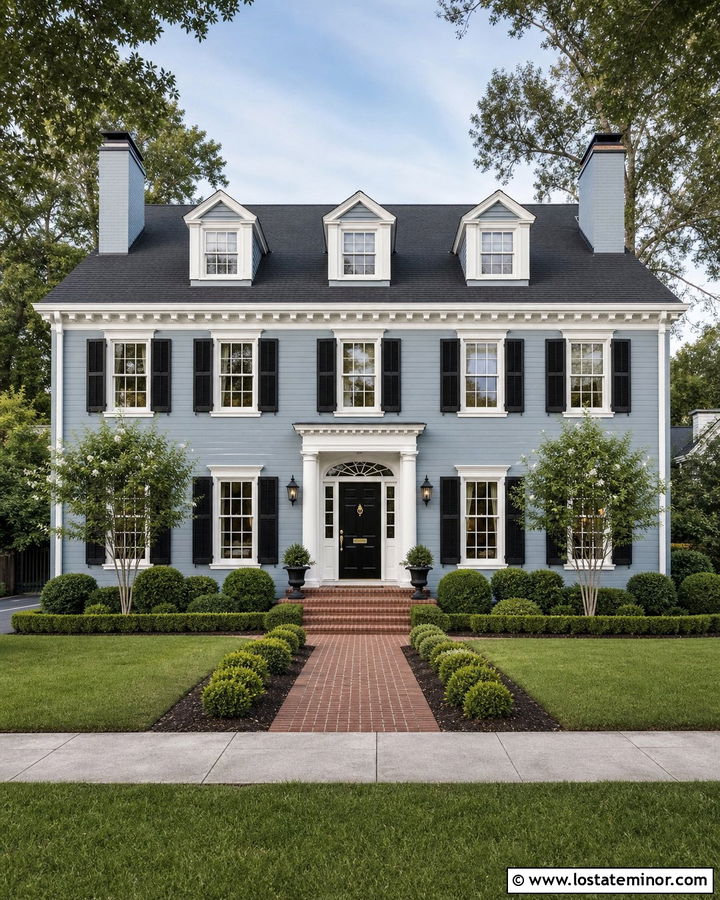 Dusty Blue Georgian House With Black Shutters - 30 Dusty Blue House Design With Dormers Ideas
