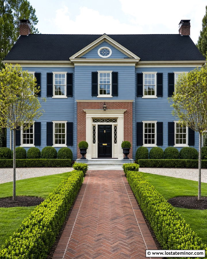 Dusty Blue Georgian House With Brick Entry - 30 Dusty Blue House Design With Brick Accents Ideas