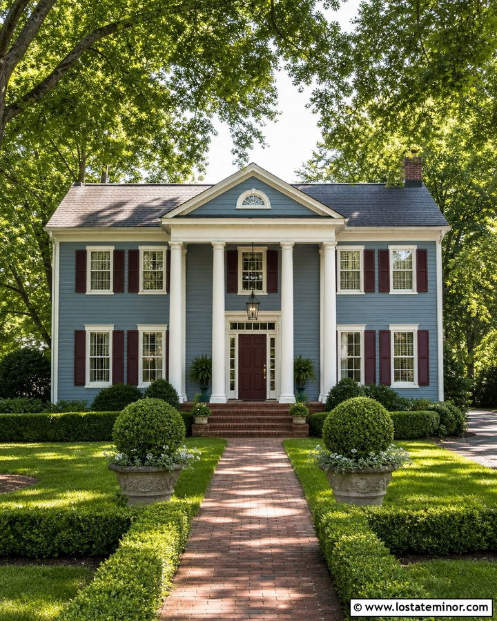 Dusty Blue Georgian House With Burgundy Shutters - 30 Dusty Blue House Design With Shutters Ideas