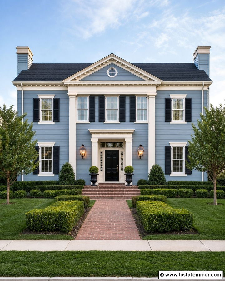 Dusty Blue Georgian House With Copper Lanterns - 30 Dusty Blue House Design With Light Fixtures Ideas