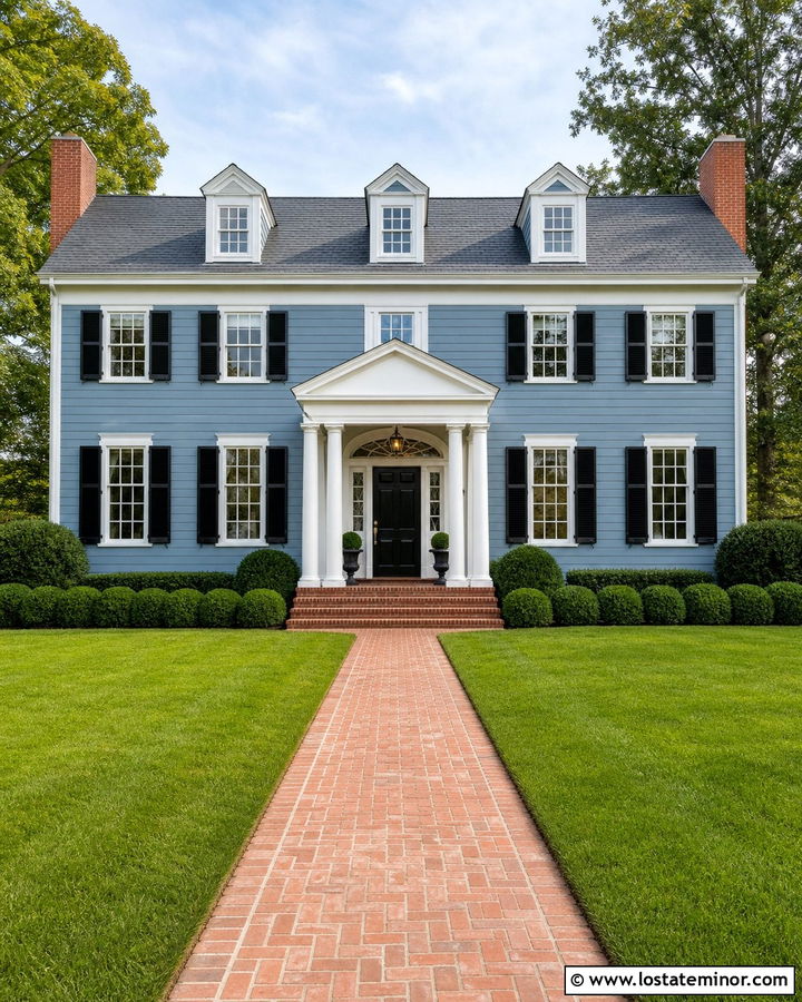 Dusty Blue Georgian With Pediment Portico - 30 Dusty Blue House Design With Portico Ideas