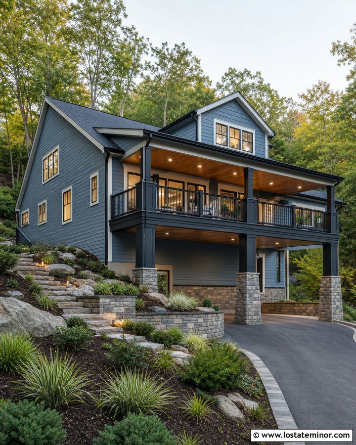 Dusty Blue Hillside House With Elevated Carport - 30 Dusty Blue House Design With Carport Ideas