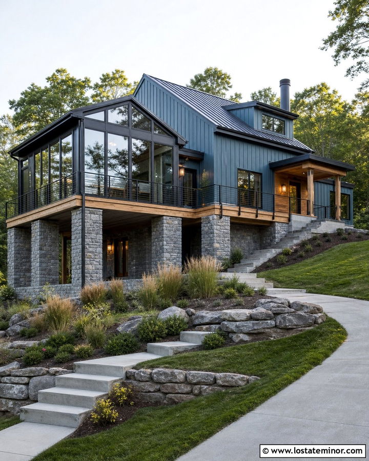 Dusty Blue Hillside House With Elevated Sunroom - 30 Dusty Blue House Design With Sunroom Ideas