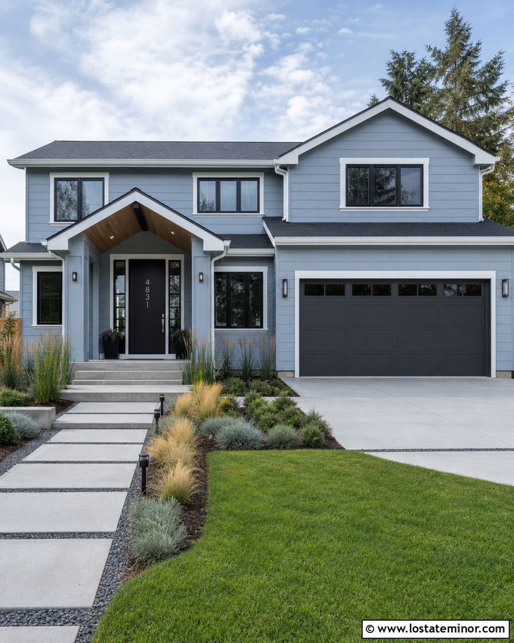Dusty Blue House With A Charcoal Door And Steel Numbers - 30 Dusty Blue House Design With House Numbers Ideas