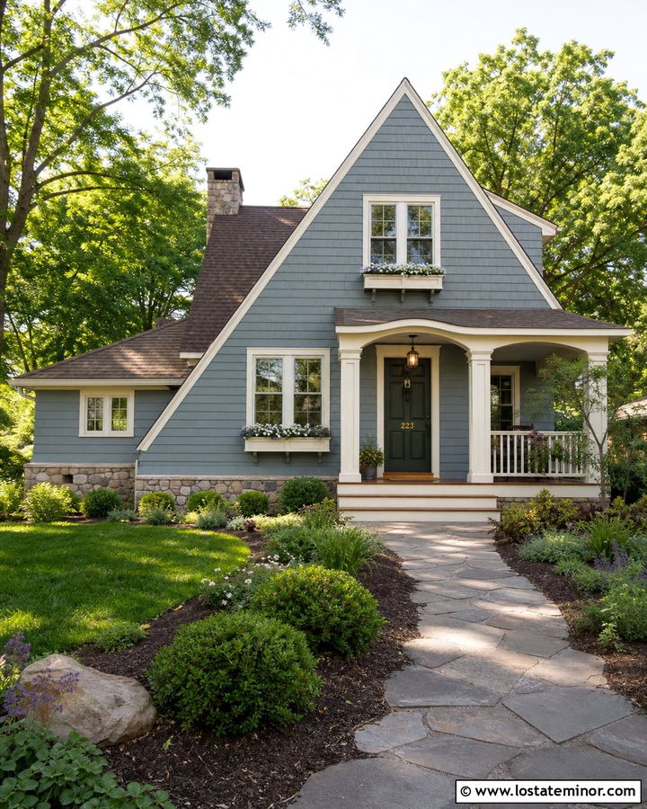 Dusty Blue House With A Green Door And Brass Numbers - 30 Dusty Blue House Design With House Numbers Ideas