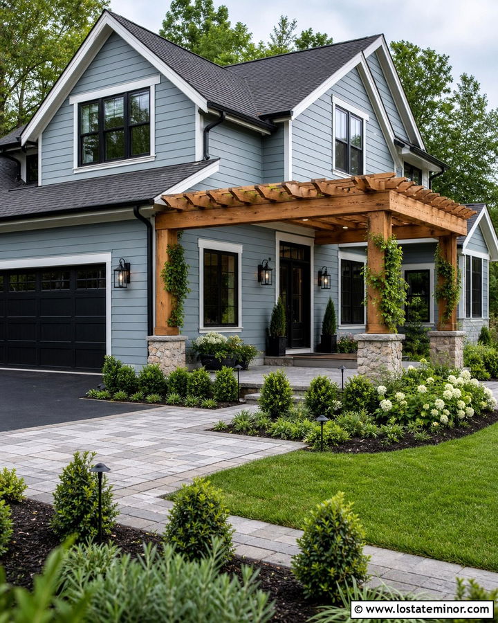 Dusty Blue House With A Lit Pergola - 30 Dusty Blue House Design With Lighting Ideas