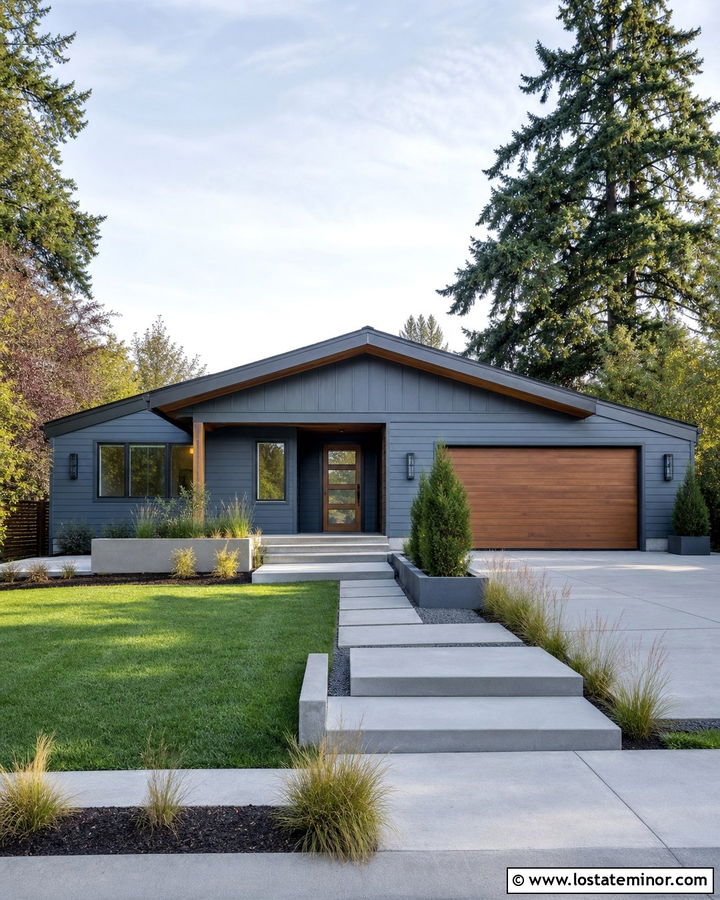 Dusty Blue House With A Low Pitched Modern Gable - 30 Dusty Blue House Design With Gables Ideas