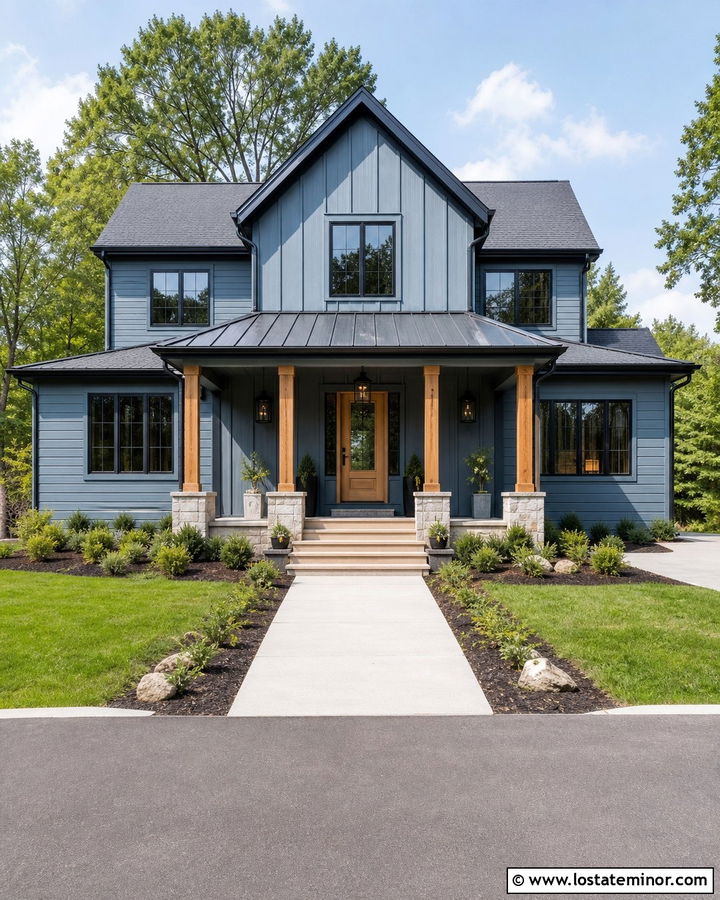 Dusty Blue House With A Metal Porch Roof And Columns - 30 Dusty Blue House Design With Porch Columns Ideas
