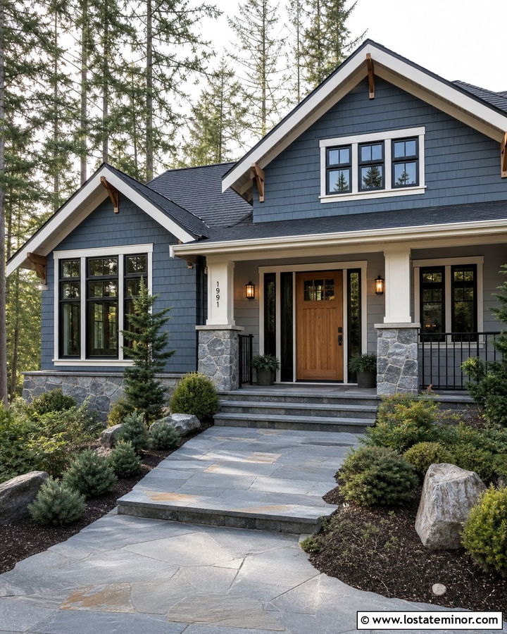 Dusty Blue House With A Natural Wood Door And Black Numbers - 30 Dusty Blue House Design With House Numbers Ideas