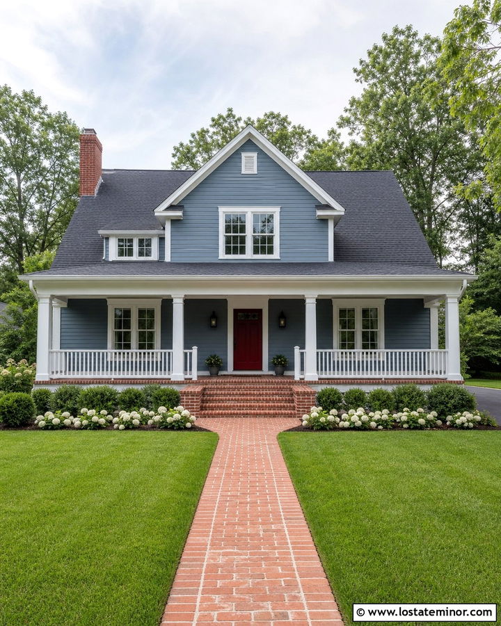 Dusty Blue House With A Red Door And White Columns - 30 Dusty Blue House Design With Porch Columns Ideas