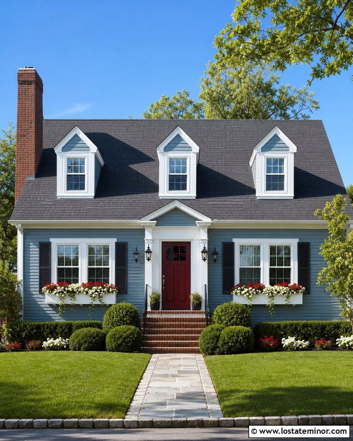 Dusty Blue House With A Red Door And Window Boxes - 30 Dusty Blue House Design With Window Boxes Ideas