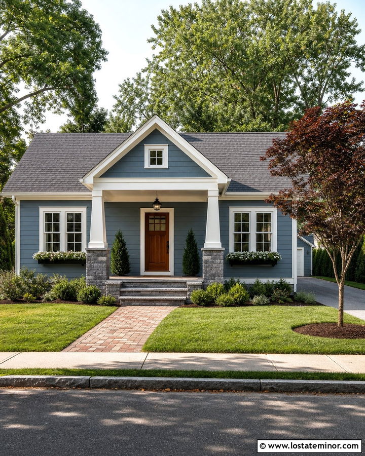 Dusty Blue House With A Small Columned Front Porch - 30 Dusty Blue House Design With Porch Columns Ideas