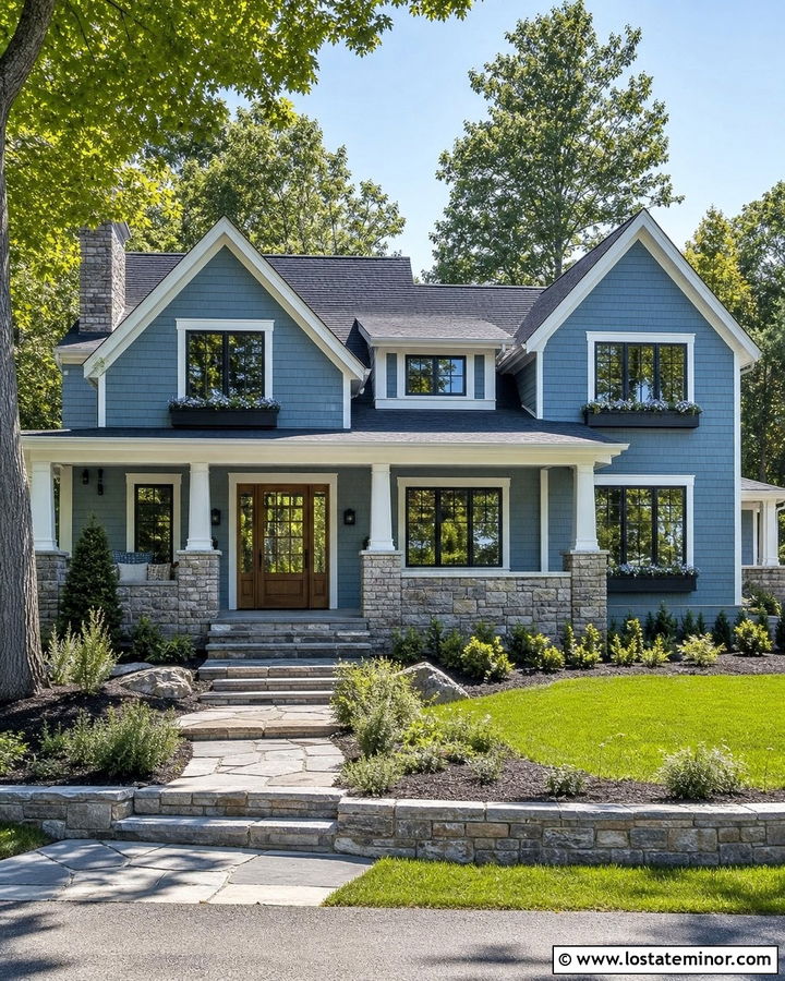 Dusty Blue House With A Stone Porch And Window Boxes - 30 Dusty Blue House Design With Window Boxes Ideas