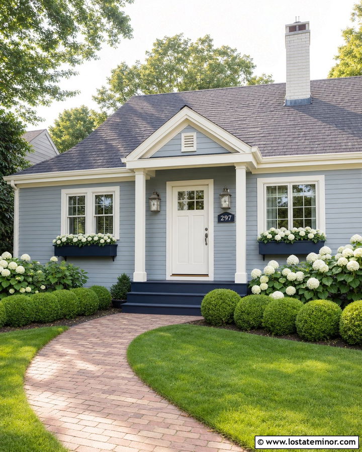Dusty Blue House With A White Door And Blue Number Plaque - 30 Dusty Blue House Design With House Numbers Ideas