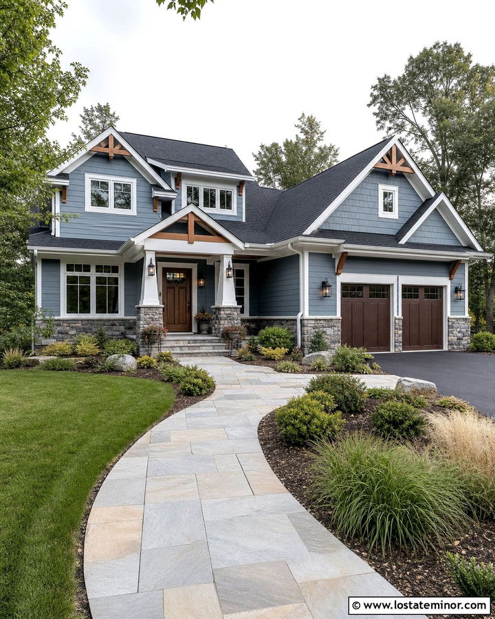 Dusty Blue House With A Wood Door And Stone Columns - 30 Dusty Blue House Design With Porch Columns Ideas