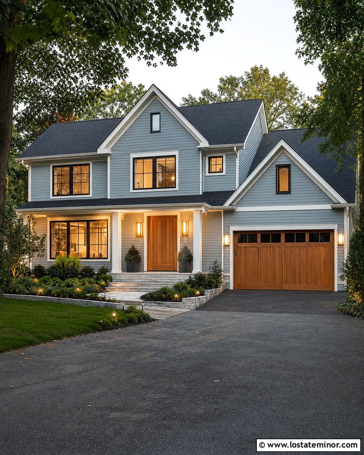 Dusty Blue House With A Wood Door And Warm Sconces - 30 Dusty Blue House Design With Lighting Ideas