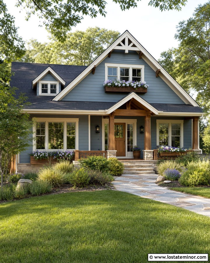 Dusty Blue House With A Wood Door And Window Boxes - 30 Dusty Blue House Design With Window Boxes Ideas