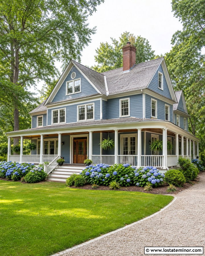 Dusty Blue House With A Wraparound Columned Porch - 30 Dusty Blue House Design With Porch Columns Ideas