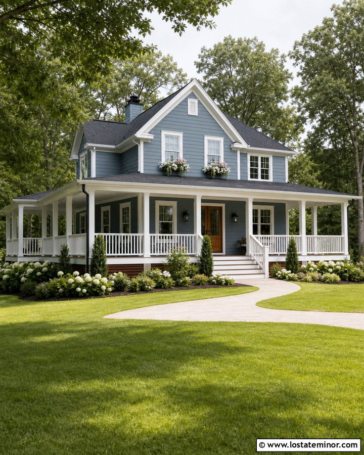 Dusty Blue House With A Wraparound Porch And Window Boxes - 30 Dusty Blue House Design With Window Boxes Ideas