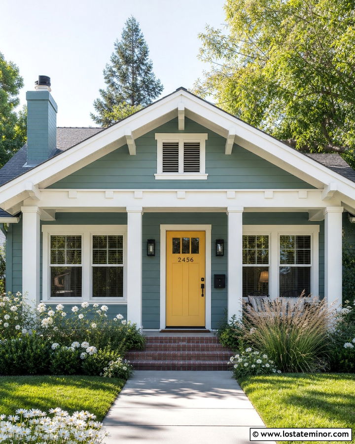 Dusty Blue House With A Yellow Door And Black Numbers - 30 Dusty Blue House Design With House Numbers Ideas