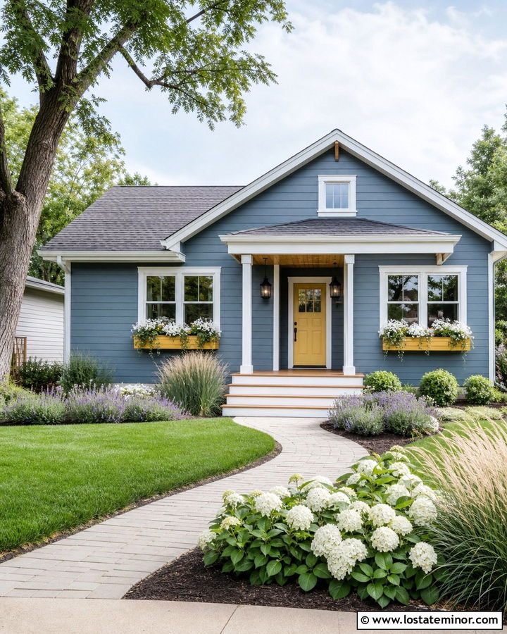 Dusty Blue House With A Yellow Door And Window Boxes - 30 Dusty Blue House Design With Window Boxes Ideas