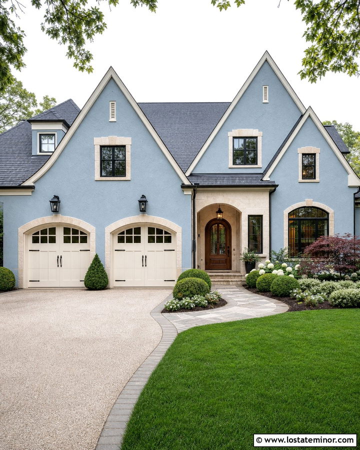 Dusty Blue House With Arched Garage Doors - 30 Dusty Blue House Design With Garage Door Ideas