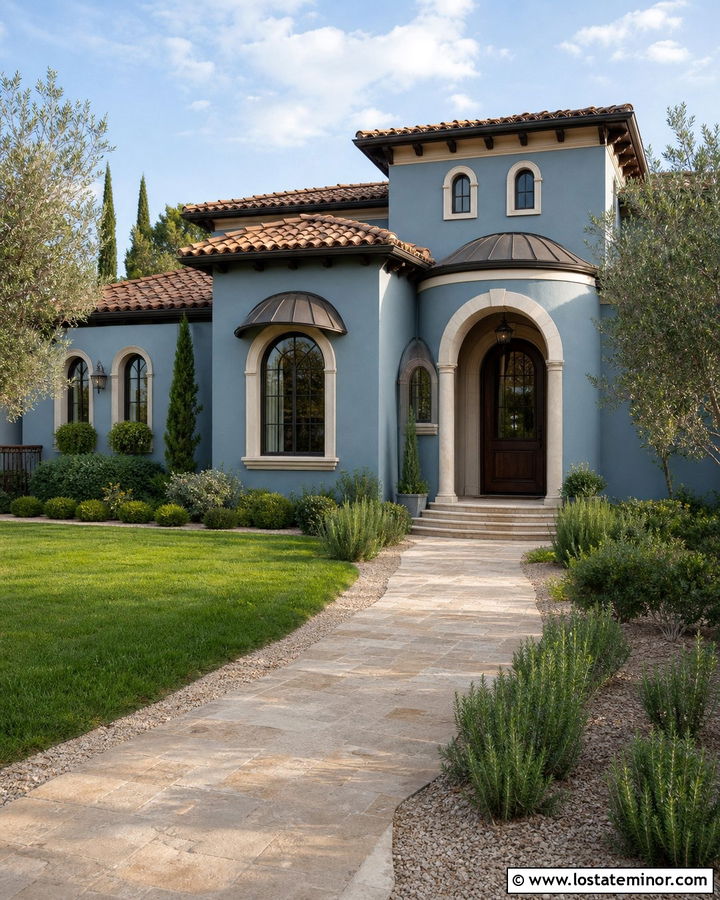 Dusty Blue House With Arched Window Awnings - 30 Dusty Blue House Design With Awning Ideas