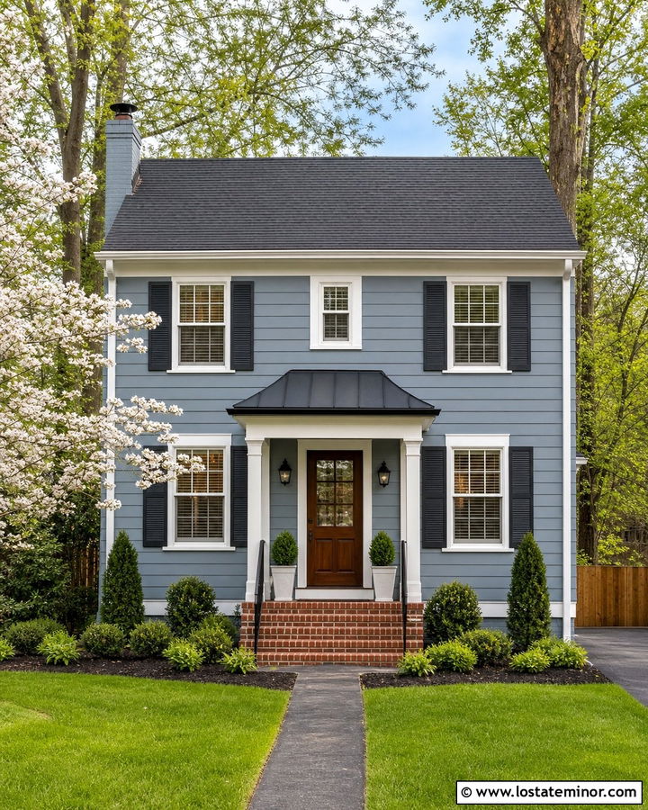 Dusty Blue House With Awning And Matching Shutters - 30 Dusty Blue House Design With Awning Ideas