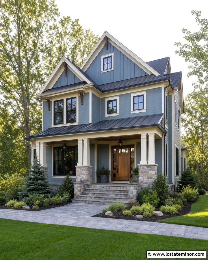Dusty Blue House With Awning And Stone Porch - 30 Dusty Blue House Design With Awning Ideas