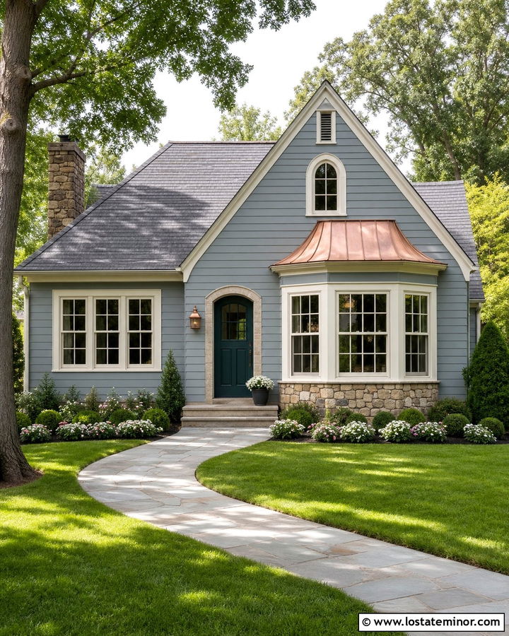 Dusty Blue House With Awning Over Bay Window - 30 Dusty Blue House Design With Awning Ideas