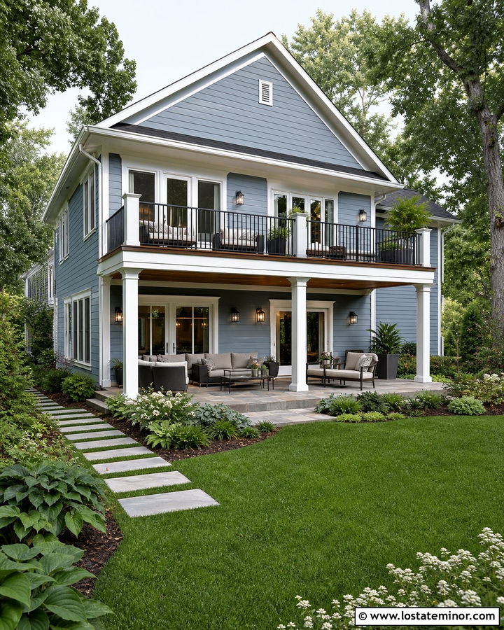 Dusty Blue House With Backyard Balcony - 30 Dusty Blue House Design With Backyard Ideas
